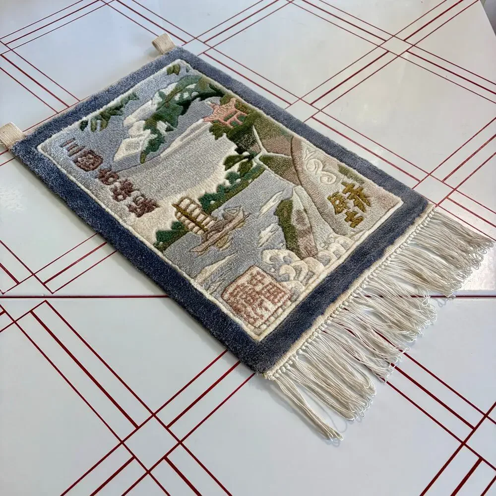 Vintage Chinese Silk Wall Hanging Rug Water and Boat Landscape Fringed Tassels